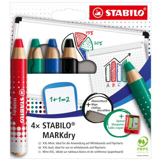 STABILO Whiteboardmarker MARKdry 648/4 sort. 4St. +Spitzer +Tuch, - 304022599