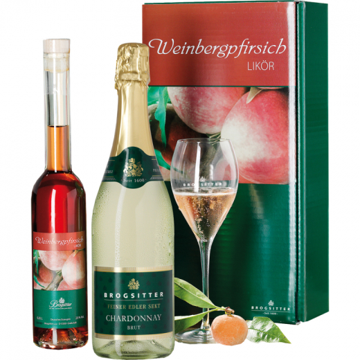 Weinbergpfirsichlikör +Chardonnaysekt Geschenkkarton,