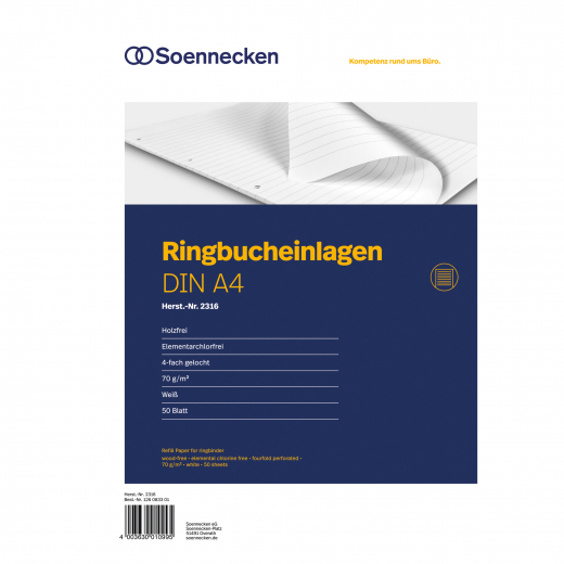 Soennecken Ringbucheinlage 2316 DIN A4 70g liniert 50 Bl./Pack., - 126083301