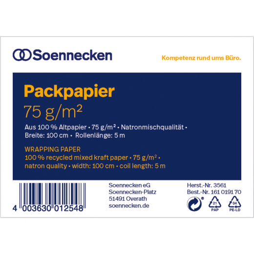 Soennecken Packpapier 3561 100cmx5m Altpapier natronbraun, - 161019170