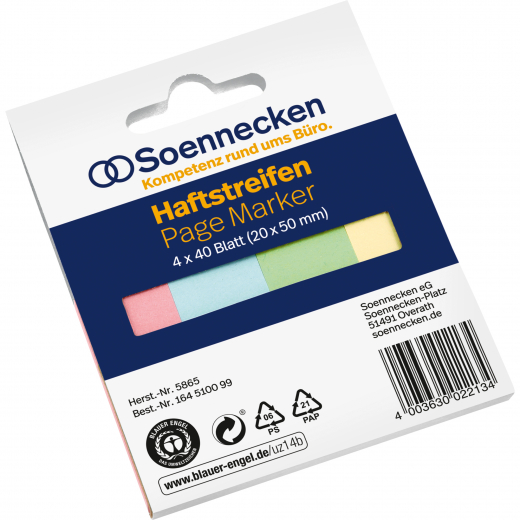 Soennecken Haftstreifen 5865 RC 20x50mm 40Bl. sort. 4 St./Pack., - 164510099