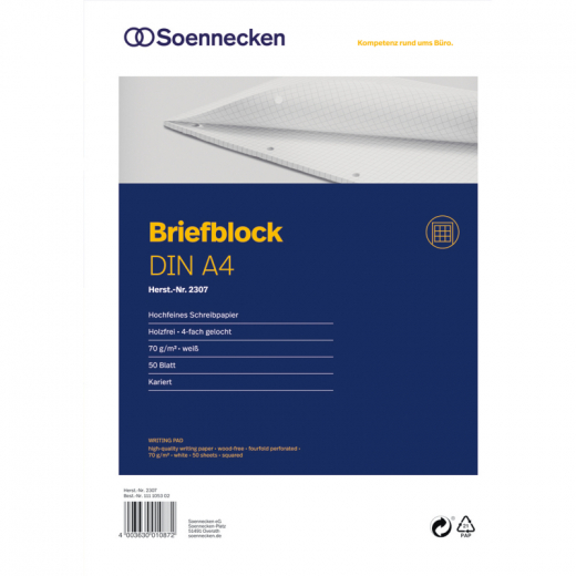 Soennecken Briefblock 2397 DIN A4 4fach gelocht kariert 100Blatt weiß,