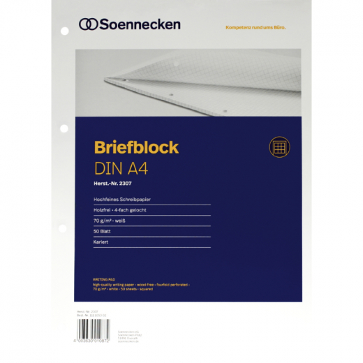 Soennecken Briefblock 2307 DIN A4 gelocht kariert 50Blatt weiß,