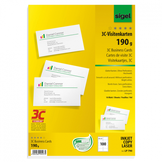 SIGEL Visitenkarte LP790 DIN A4 85x55mm 190g ws 100 St./Pack, - SIGLP790