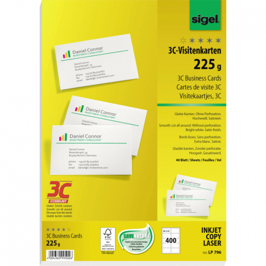 SIGEL Visitenkarte 3C LP796 85x55mm 225g weiß 400 St./Pack., - SIGLP796