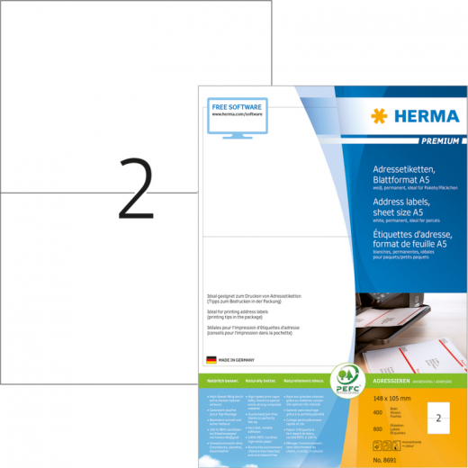 HERMA Adressetikett PREMIUM 8691 105x148mm weiß 800 St./Pack., - 129241901