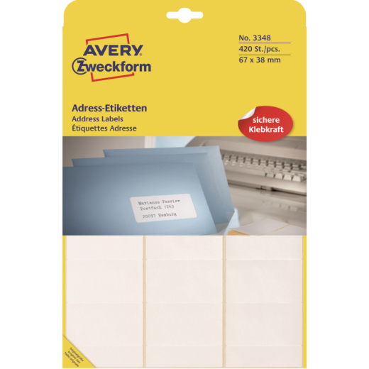 Avery Zweckform Adressetikett 3348 67x38mm weiß 420 St./Pack., - 774343