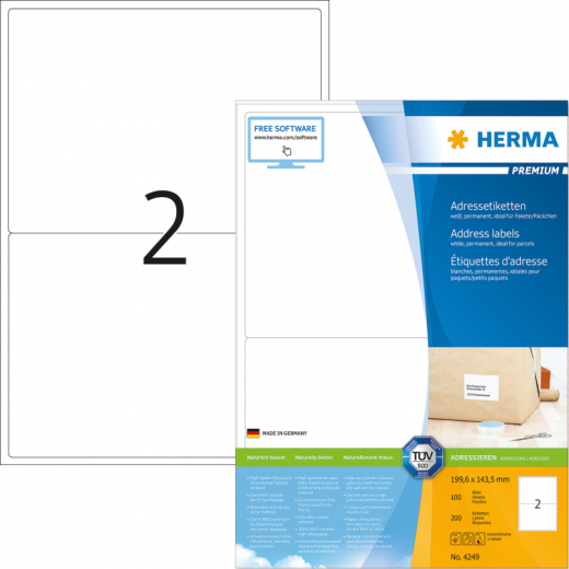 HERMA Etikett PREMIUM 4249 199,6x143,5mm A4 weiß 200 St./Pack., - HER4249