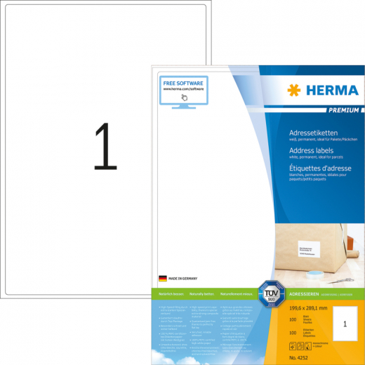 HERMA Etikett PREMIUM 4252 199,6x289,1mm A4 weiß 100 St./Pack., - HER4252