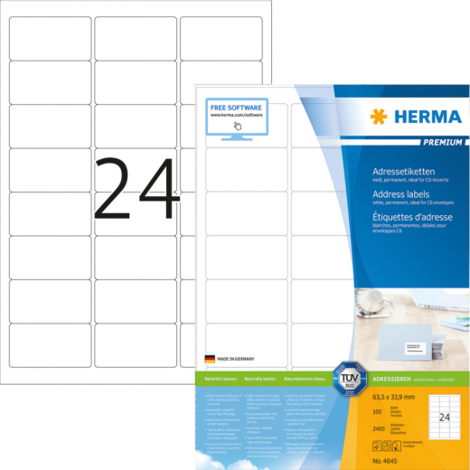 HERMA Adressetikett 4645 63,5x33,9mm weiß 2.400 St./Pack., - HER4645