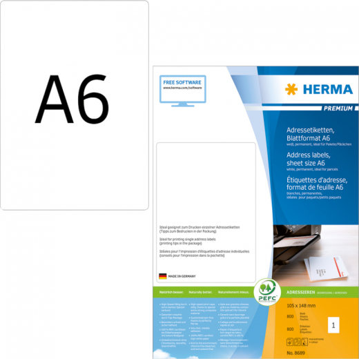 HERMA Adressetikett PREMIUM 8689 105x148mm weiß 800 St./Pack., - HER8689