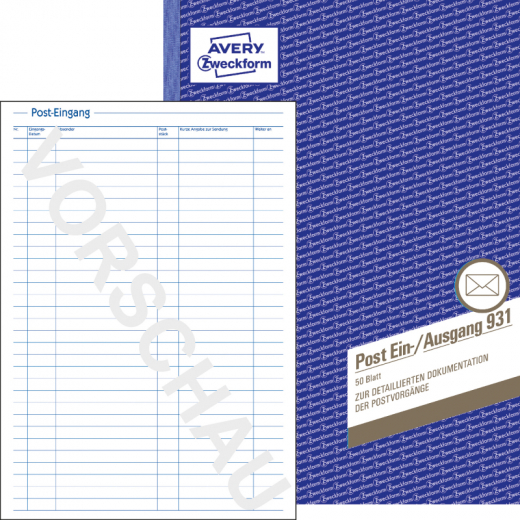 Avery Zweckform PosteinAusgang Formularbuch 931 DIN A4 50Bl., - 7200931