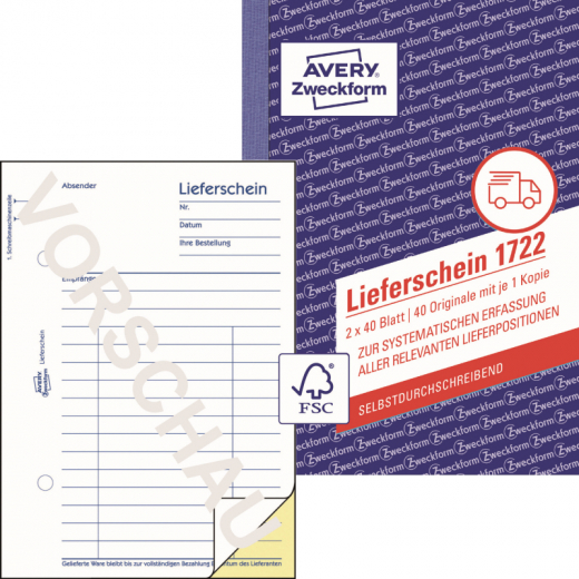 Avery Zweckform Lieferschein 1722 DIN A6 +Durchschlag 2x40Bl., - 773275