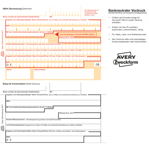 Avery Zweckform Überweisung 2817 DIN A4 inkl. Software 100 Bl./Pack., - 72002817