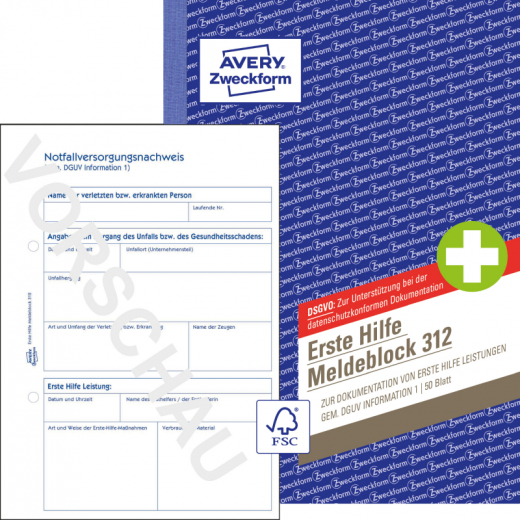 Avery Zweckform Meldeblock Erste Hilfe 312 A5 50 Blatt, - ZWE312