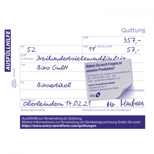 Avery Zweckform Quittung 1255 A6 100Blatt, - 209528