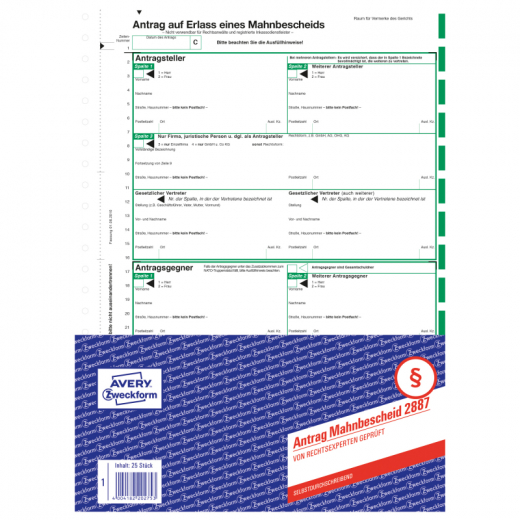 Avery Zweckform Mahnbescheid 2887 DIN A4 1x2Blatt, - 730400