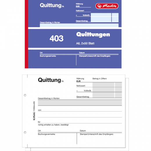 Herlitz Quittungsblock 403 886614 A6 quer Blaupapier 2x50Blatt, - G00281