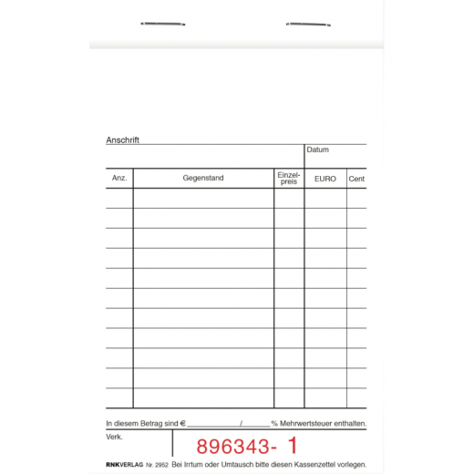 RNK Kassenblock 2952 15x10cm oben geheftet 50x2Blatt, - RNK2952