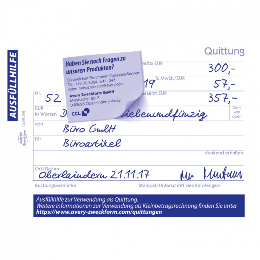 Avery Zweckform Quittung 1735 DIN A6 quer 2x40Blatt, - ZWE1735