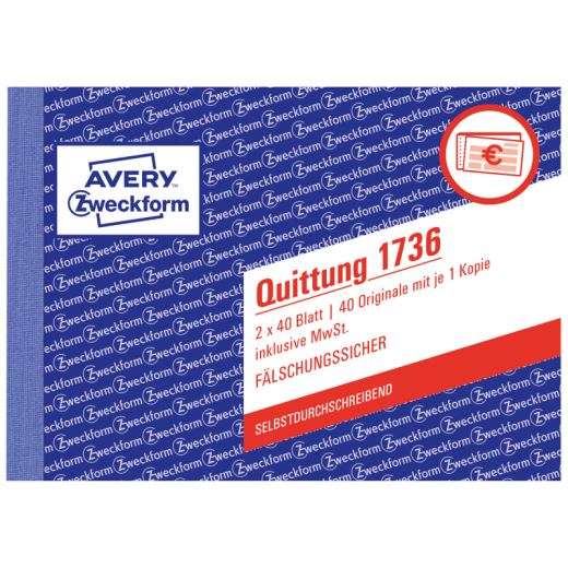 Avery Zweckform Quittung 1736 DIN A6 quer 2x40Blatt, - ZWE1736