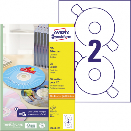 Avery Zweckform CD/DVD-Etikett L6043-100 matt weiß 200 St./Pack., - ZWEL6043100