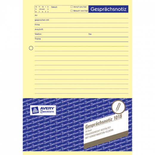 Avery Zweckform Gesprächsnotiz 1018 DIN A5 gelb 50Blatt, - ZWE1018