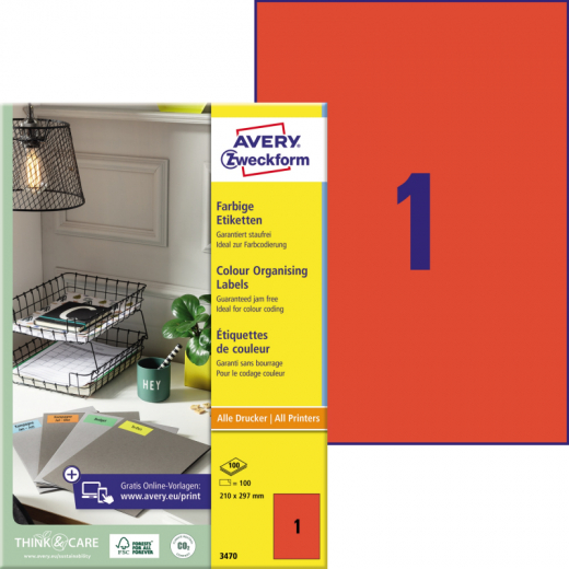 Avery Zweckform Universaletikett 3470 210x297mm rot 100 St./Pack., - 256993