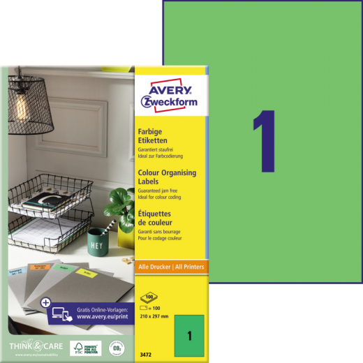 Avery Zweckform Universaletikett 3472 210x297mm grün 100 St./Pack.,