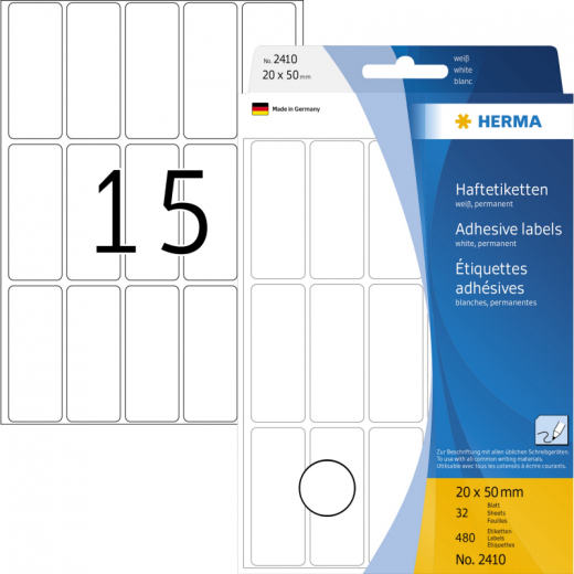 HERMA Vielzwecketikett 2410 20x50mm Papier weiß 480 St./Pack., - HER2410