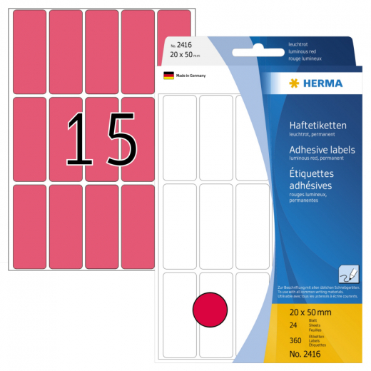 HERMA Vielzwecketikett 2416 20x50mm leuchtrot 360 St./Pack., - HER2416