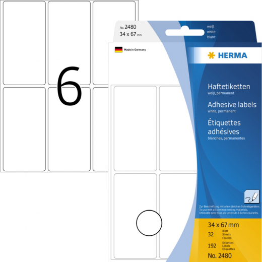 HERMA Etikett 2480 34x67mm weiß 192 St./Pack., - HER2480