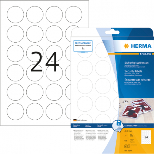 HERMA Etikett Sicherheit 4234 rund 40mm weiß 600 St./Pack., - HER4234