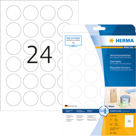 HERMA Verschlussetikett 4236 rund 40mm tr 600 St./Pack., - HER4236