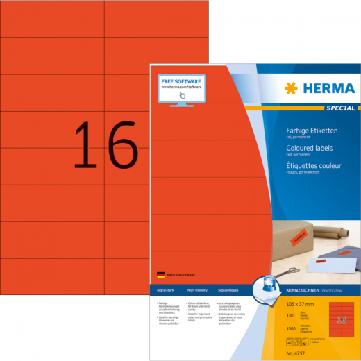 HERMA Etikett 4257 105x37mm A4 rot 1.600 St./Pack., - HER4257