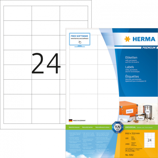 HERMA Etikett Premium 4262 64,6x33,8mm weiß 2.400 St./Pack., - HER4262