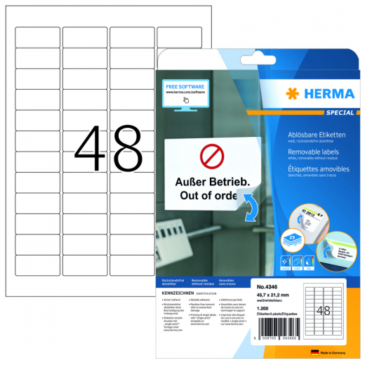 HERMA Etikett 4346 45,7x21,2mm ablösbar ws 1.200 St., - HER4346