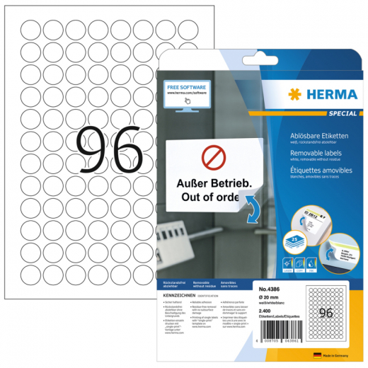 HERMA Etikett 4386 20mm rund ablösbar ws 2.400 St., - HER4386