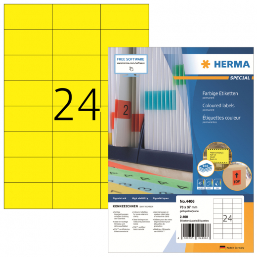 HERMA Etikett 4406 70x37mm gelb 2.400 St./Pack., - HER4406