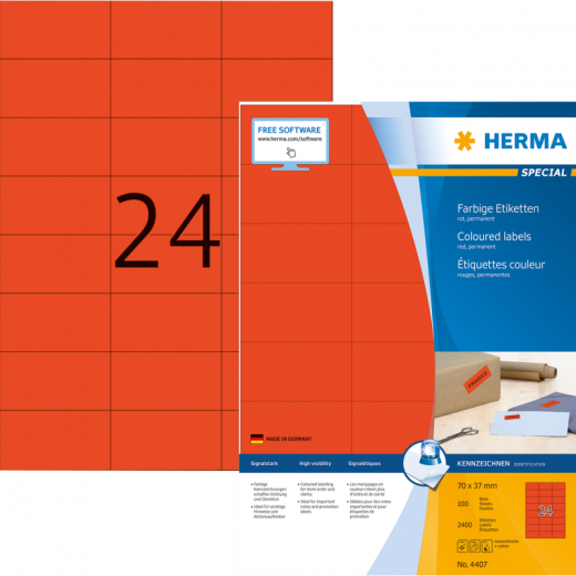 HERMA Etikett 4407 70x37mm rot 2.400 St./Pack., - HER4407