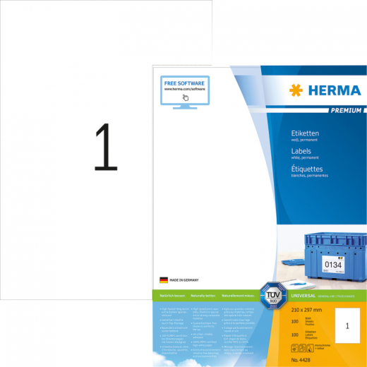 HERMA Etikett PREMIUM 4428 210x297mm weiß 100 St./Pack., - HER4428