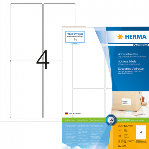 HERMA Etikett 4472 78,7x139,7mm weiß 400 St./Pack., - HER4472