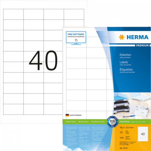 HERMA Etikett PREMIUM 4474 48,5x25,4mm weiß 4.000 St./Pack., - HER4474