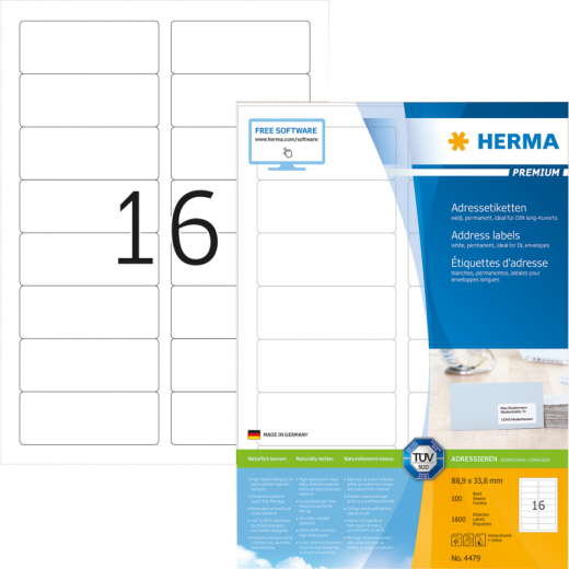 HERMA Adressetikett Premium 4479 88,9x33,8mm weiß 1.600 St./Pack., - HER4479