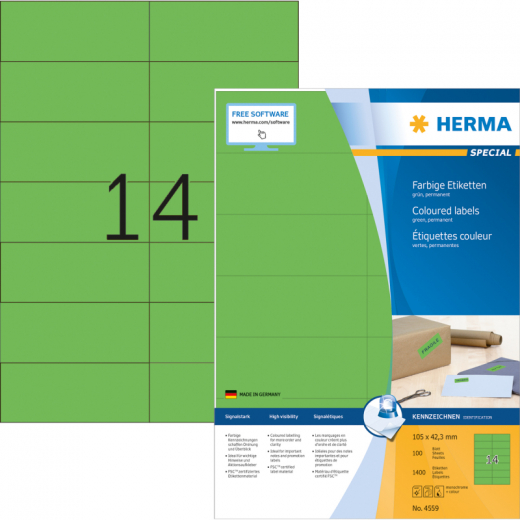 HERMA Etikett 4559 105x42,3mm A4 grün 1.400 St./Pack., - HER4559