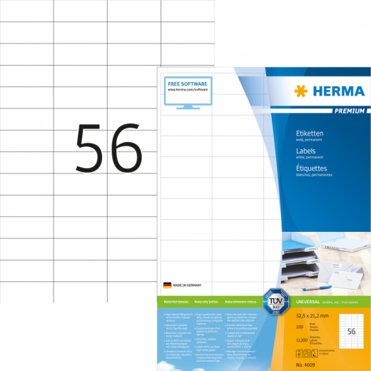 HERMA Etikett PREMIUM 4609 52,5x21,2mm weiß 11.200 St./Pack., - HER4609