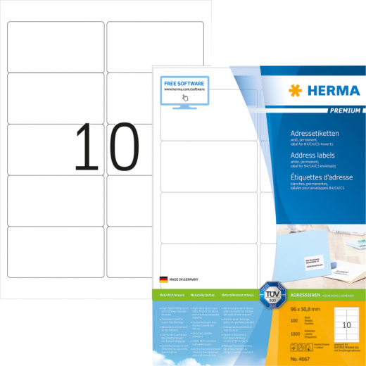 HERMA Adressetikett Premium 4667 96x50,8mm weiß 1.000 St./Pack., - HER4667