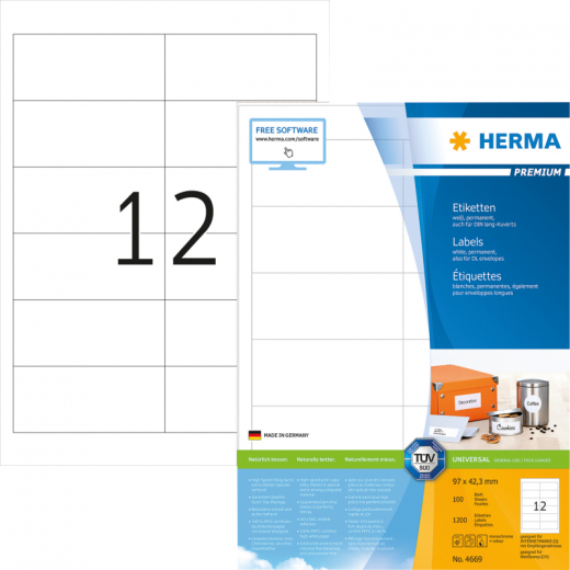 HERMA Etikett PREMIUM 4669 97,0x42,3mm weiß 1.200 St./Pack., - HER4669