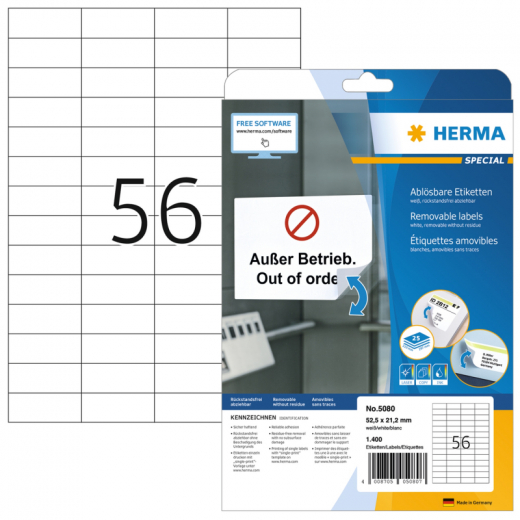 HERMA Etikett 5080 52,5x21,2mm ablösbar ws 1.400 St., - HER5080