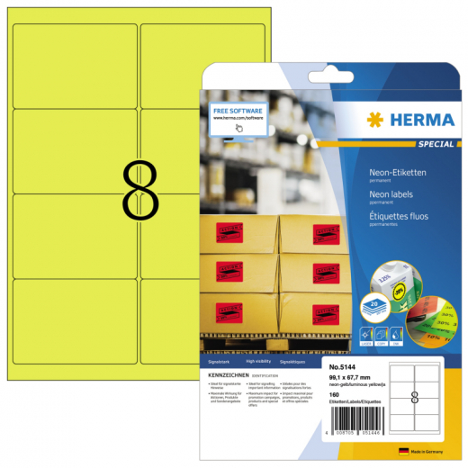 HERMA Etikett 5144 99,1x67,7mm neongelb 160 St./Pack., - HER5144